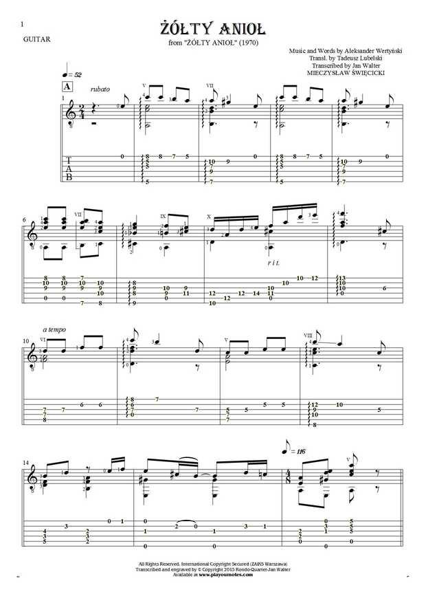 Yellow Angel - Notes and tablature for guitar - accompaniment