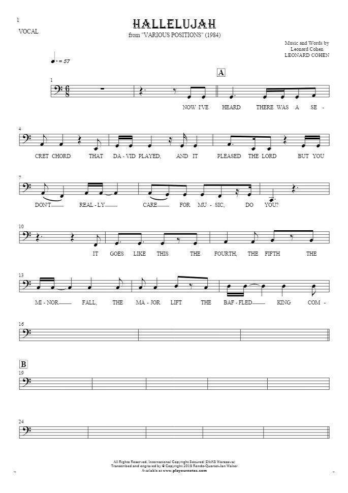 Hallelujah - Notes and lyrics-(bass clef) for vocal - melody line