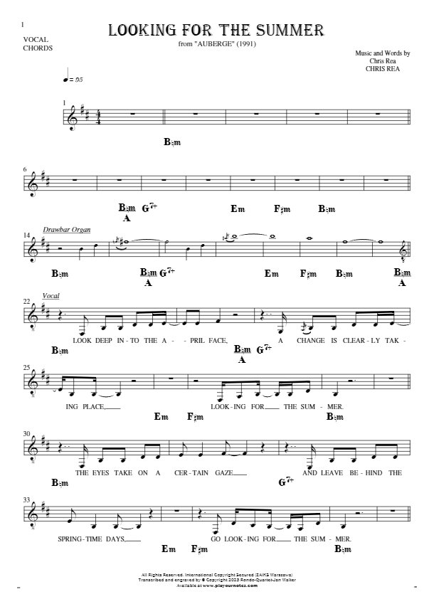 Looking For The Summer - Notes, lyrics and chords for vocal with accompaniment