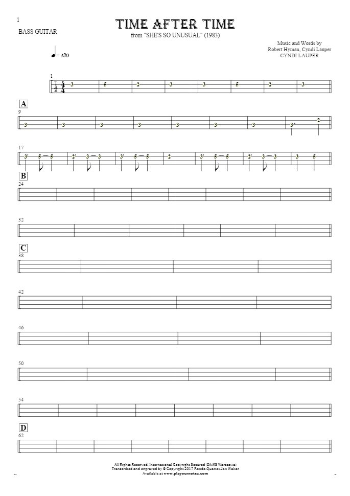 Time After Time - Tablature (rhythm. values) for bass guitar