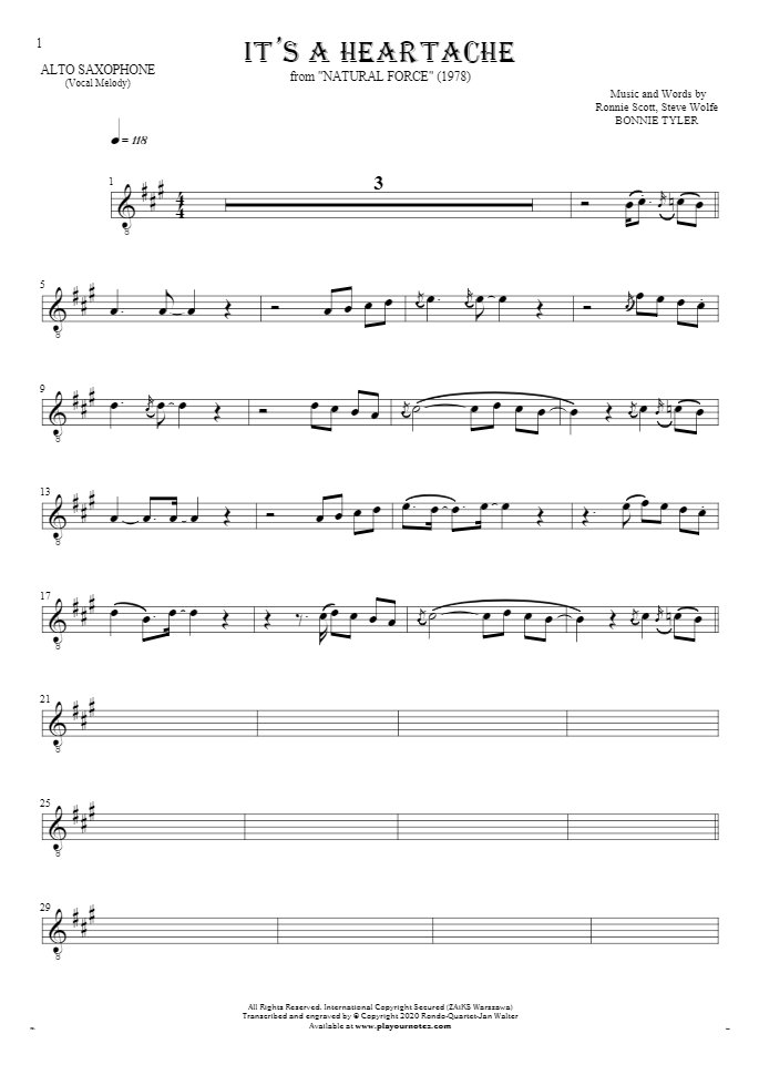 It's a Heartache - Noten für Alt Saxophon - Melodielinie