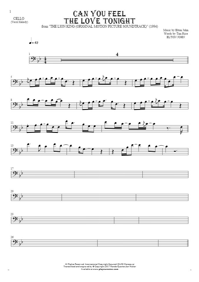 Can You Feel the Love Tonight - Notes for cello - melody line