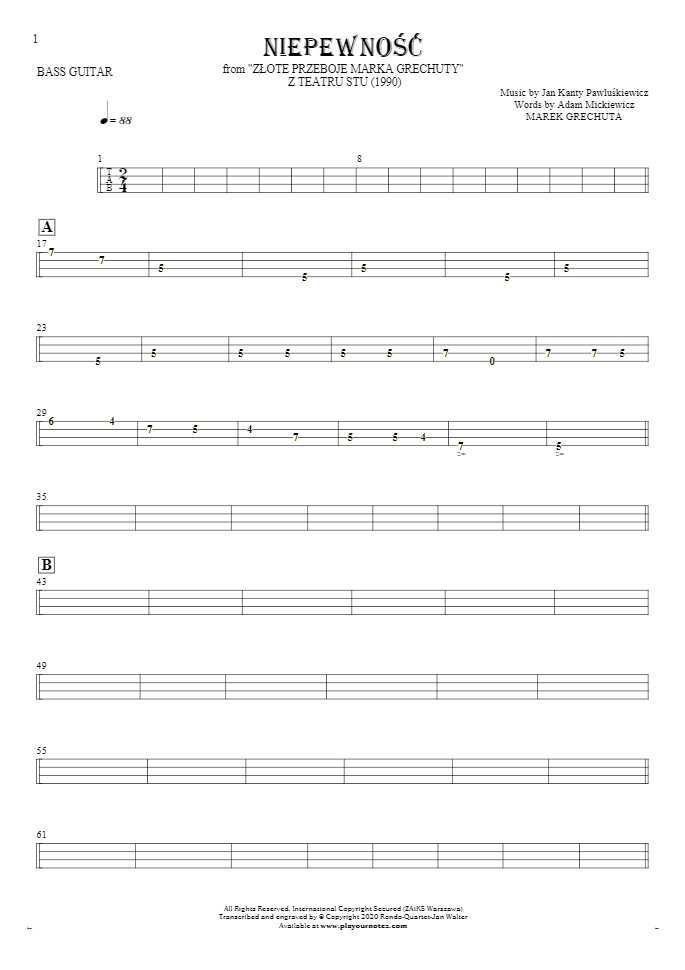 Uncertainty - Tablature for bass guitar
