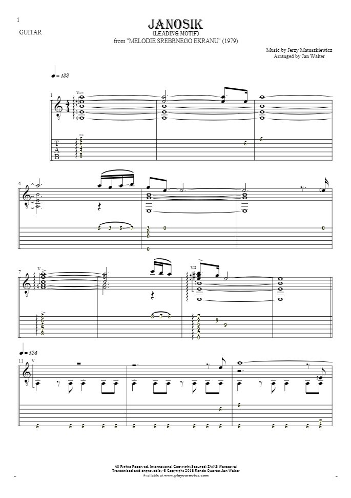 Janosik - motyw główny - Nuty i tabulatura na gitarę solo (fingerstyle)