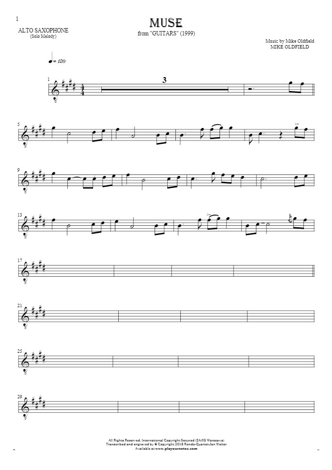 Muse - Notes for alto saxophone - melody line