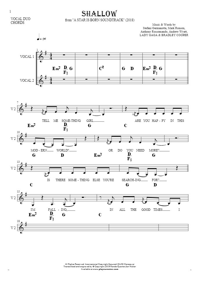 Shallow - Notes, lyrics and chords for vocal with accompaniment