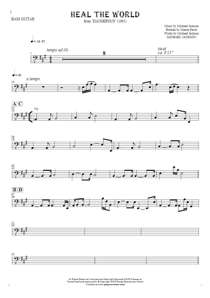 Heal The World - Notes for bass guitar