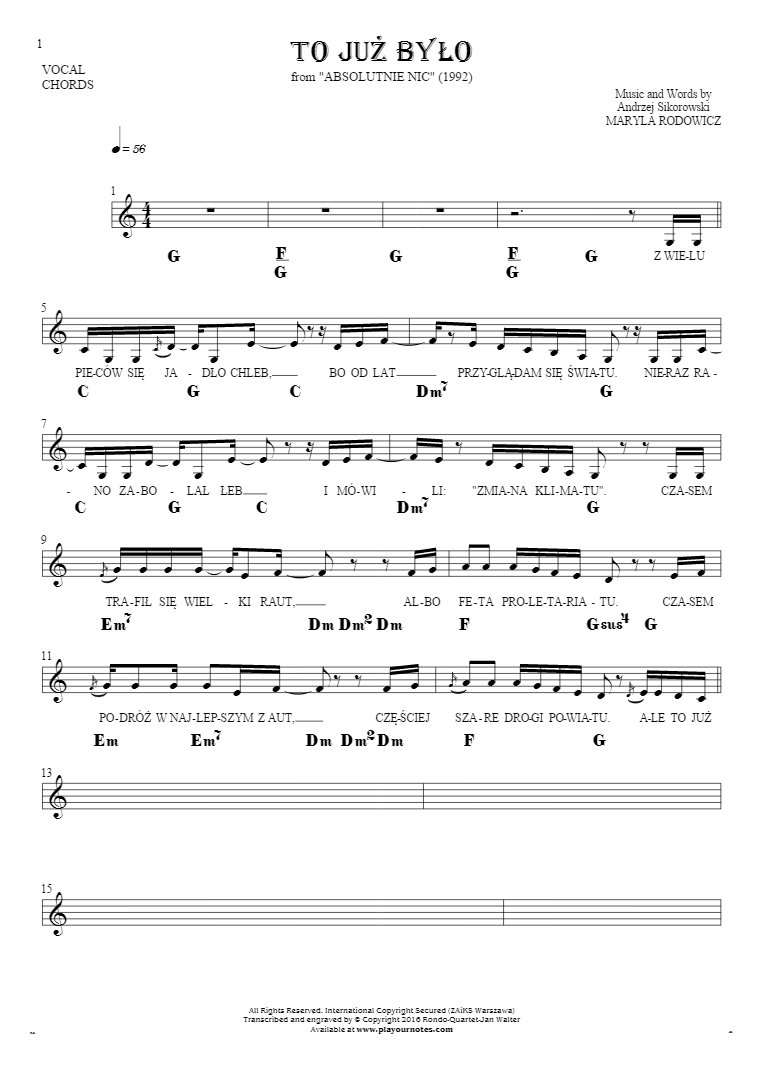 To już było - Notes, lyrics and chords for vocal with accompaniment