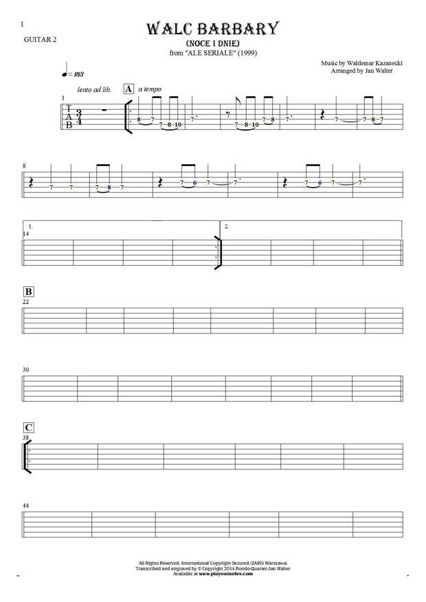 Walc Barbary (Noce i Dnie) - Tablature (rhythm values) for guitar - guitar 2 part