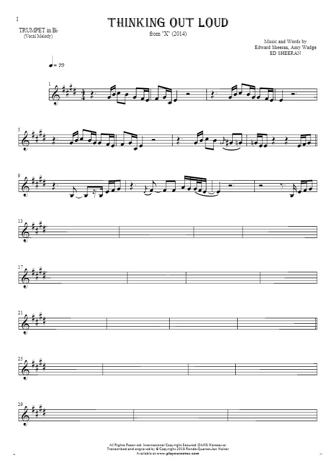 Thinking Out Loud - Notes for trumpet - melody line