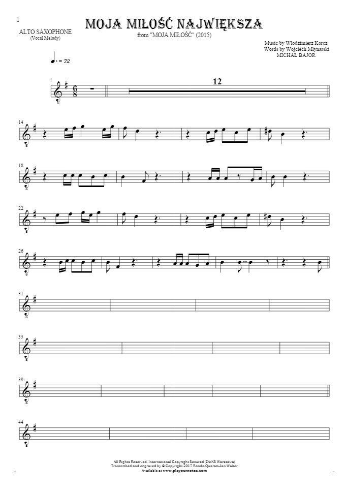 Moja miłość największa - Notes for alto saxophone - melody line