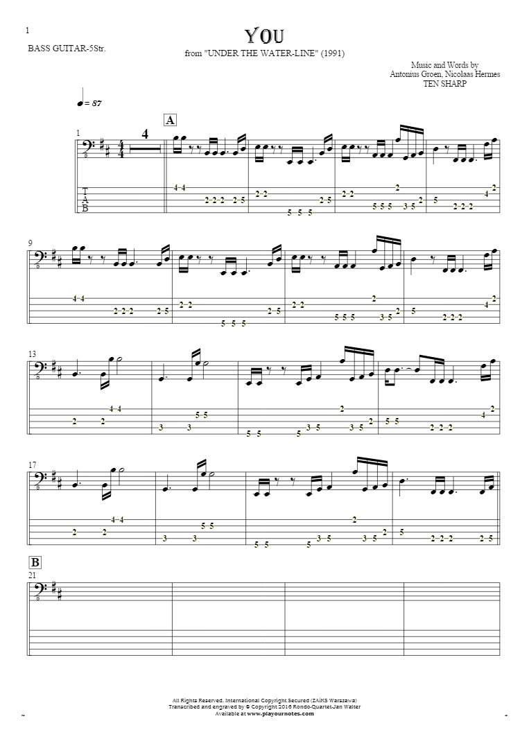 You - Notes and tablature for bass guitar (5-str.)