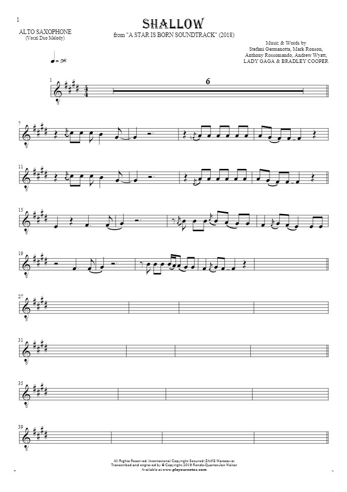 Shallow - Noten für Alt Saxophon - Melodielinie