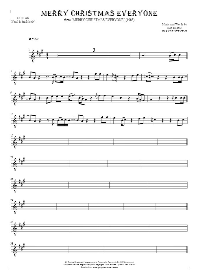 Merry Christmas Everyone - Notes for guitar - melody line