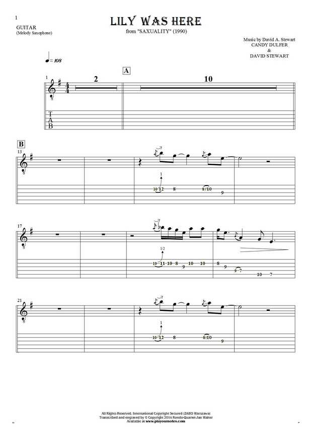 Lily Was Here - Notes and tablature for guitar - saxophone part