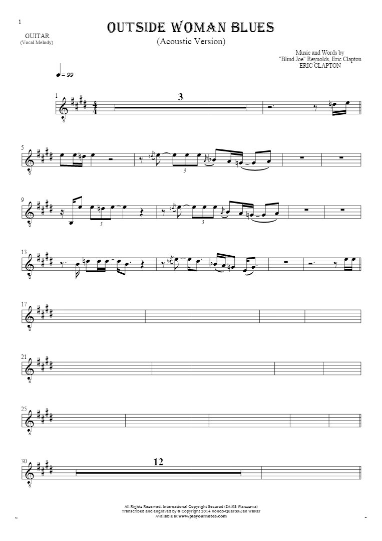 Outside Woman Blues - Notes for guitar - melody line