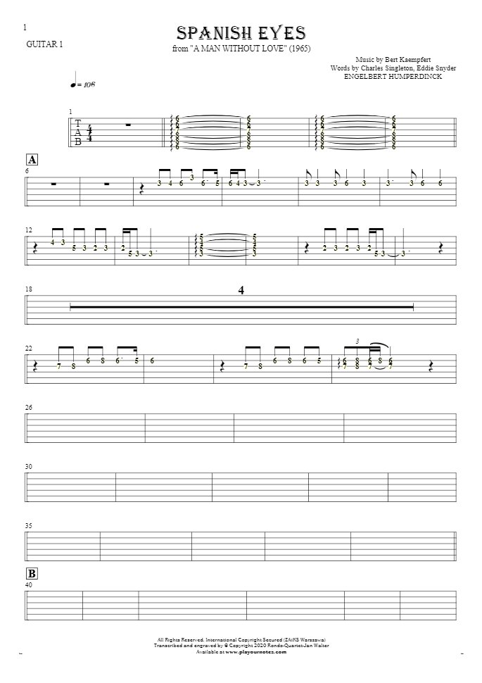 Spanish Eyes - Tablature (rhythm. values) for guitar - guitar 1 part