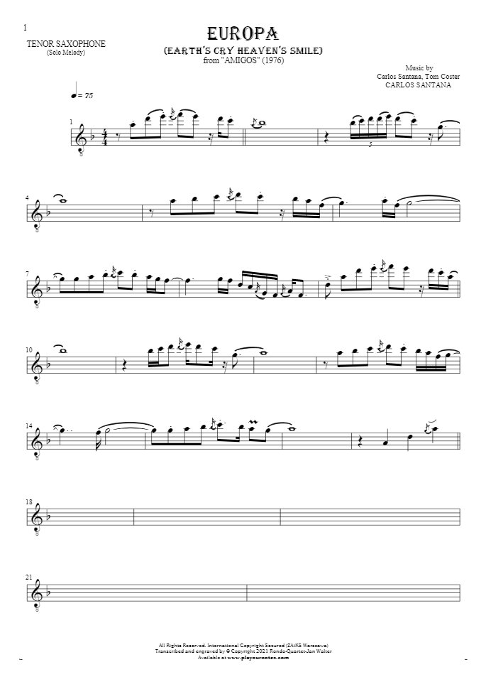 Europa (Earth's Cry Heaven's Smile) - Noten für Tenor Saxophon - Melodielinie