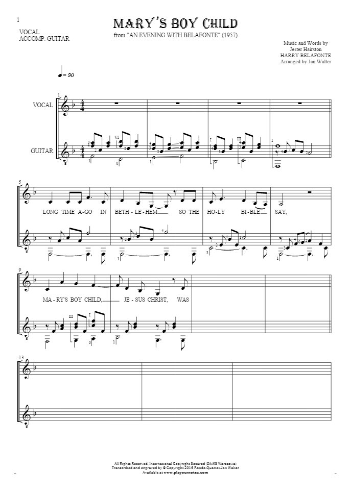 Mary's Boy Child - Notes and lyrics for vocal with guitar accompaniment