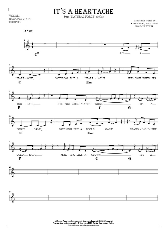 It's a Heartache - Notes, lyrics and chords for vocal with accompaniment