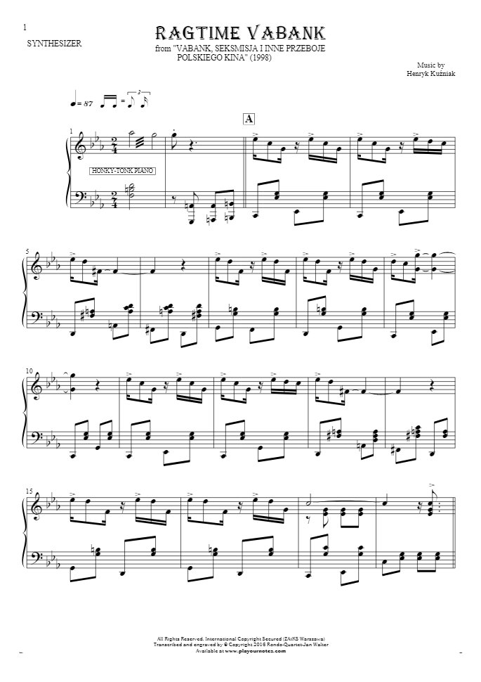 Ragtime Vabank - Noten für Synthesizer - Honky-Tonk Piano