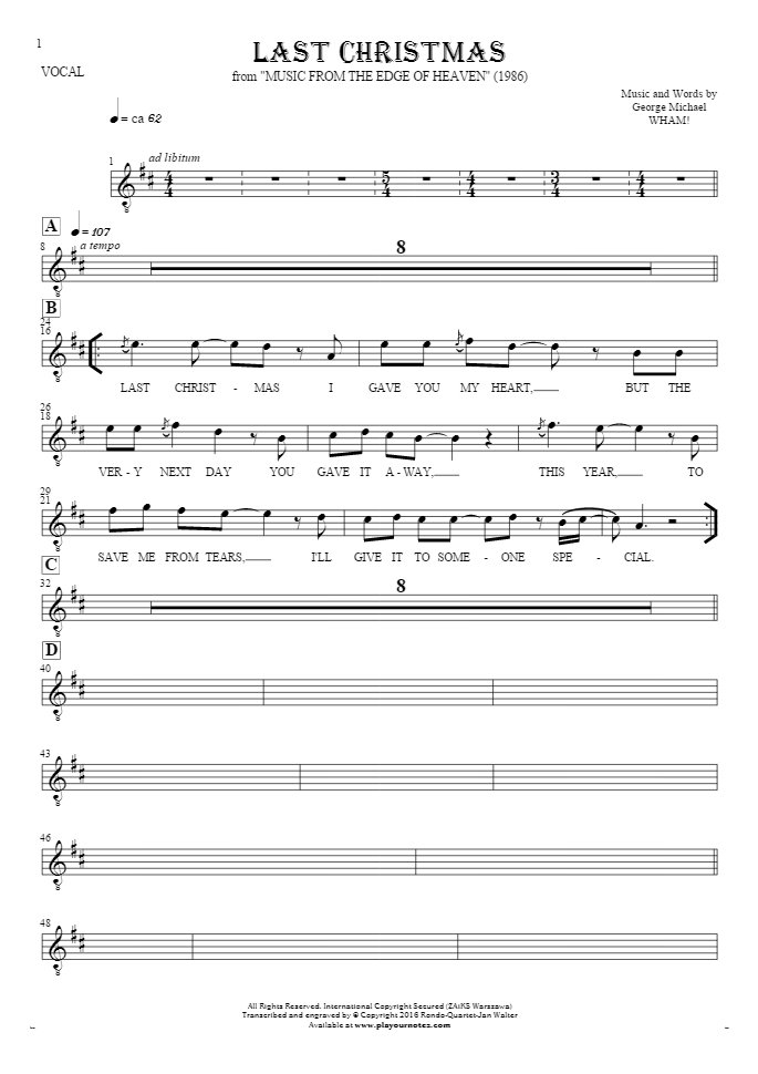 Last Christmas Wham Sheet music and guitar tablatures PlayYourNotes