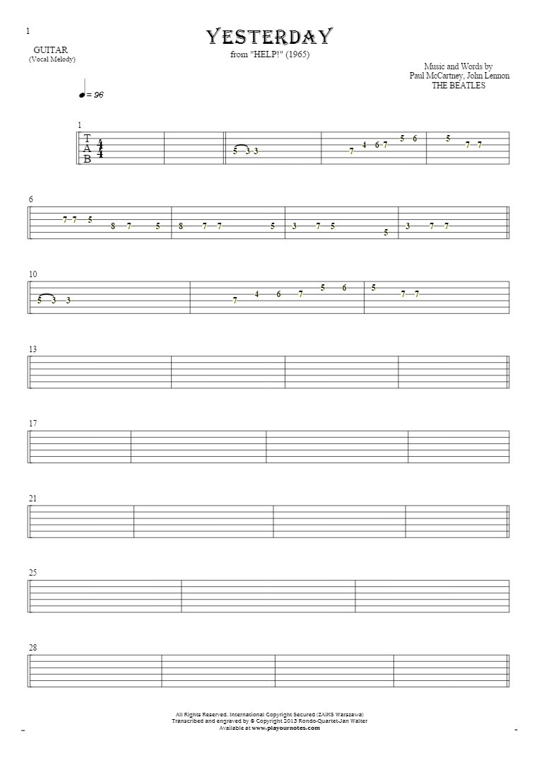 Yesterday - Tablature for guitar - melody line