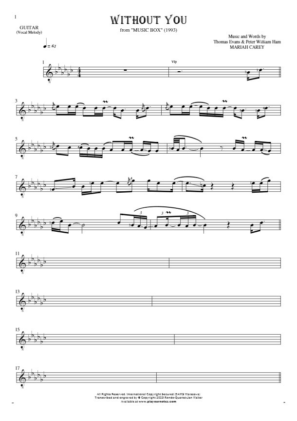 Without You - Notes for guitar - melody line