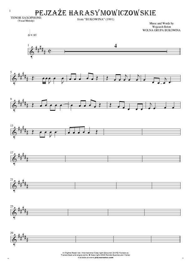 Pejzaże harasymowiczowskie - Noten für Tenor Saxophon - Melodielinie
