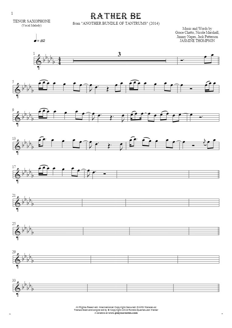 Rather Be - Notes for tenor saxophone - melody line