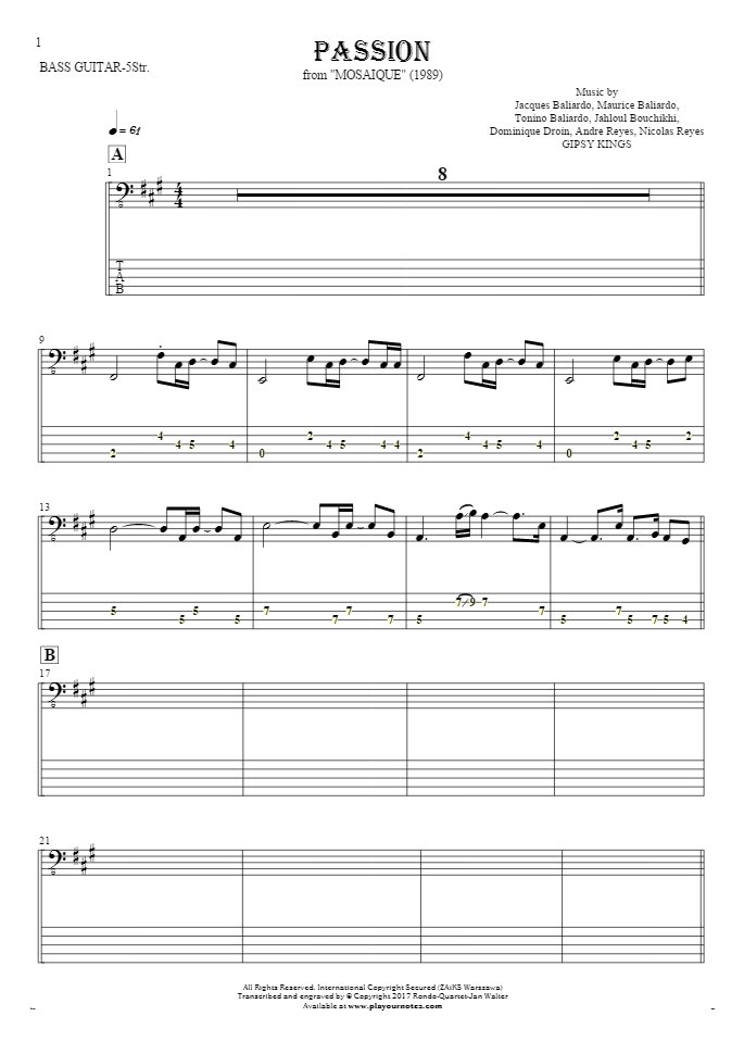 Passion - Notes and tablature for bass guitar (5-str.)