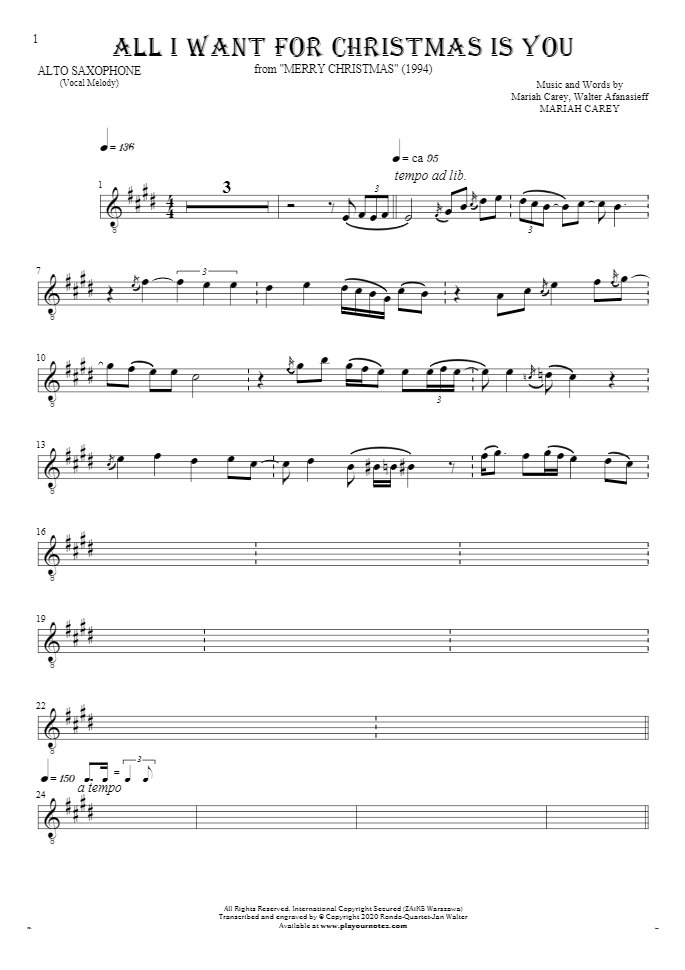 All I Want For Christmas Is You - Notes for alto saxophone - melody line