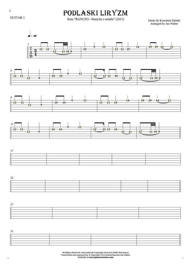 Podlaski liryzm (Ranczo) - Tablature (rhythm values) for guitar - guitar 1 part