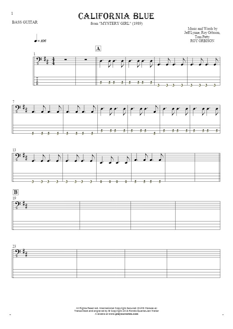 California Blue - Notes and tablature for bass guitar