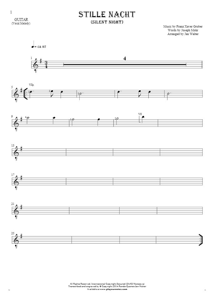 Silent Night - Notes for guitar - melody line