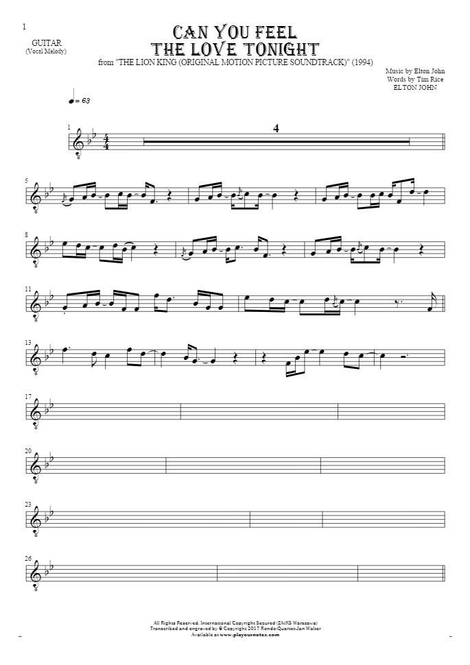 Can You Feel the Love Tonight - Notes for guitar - melody line