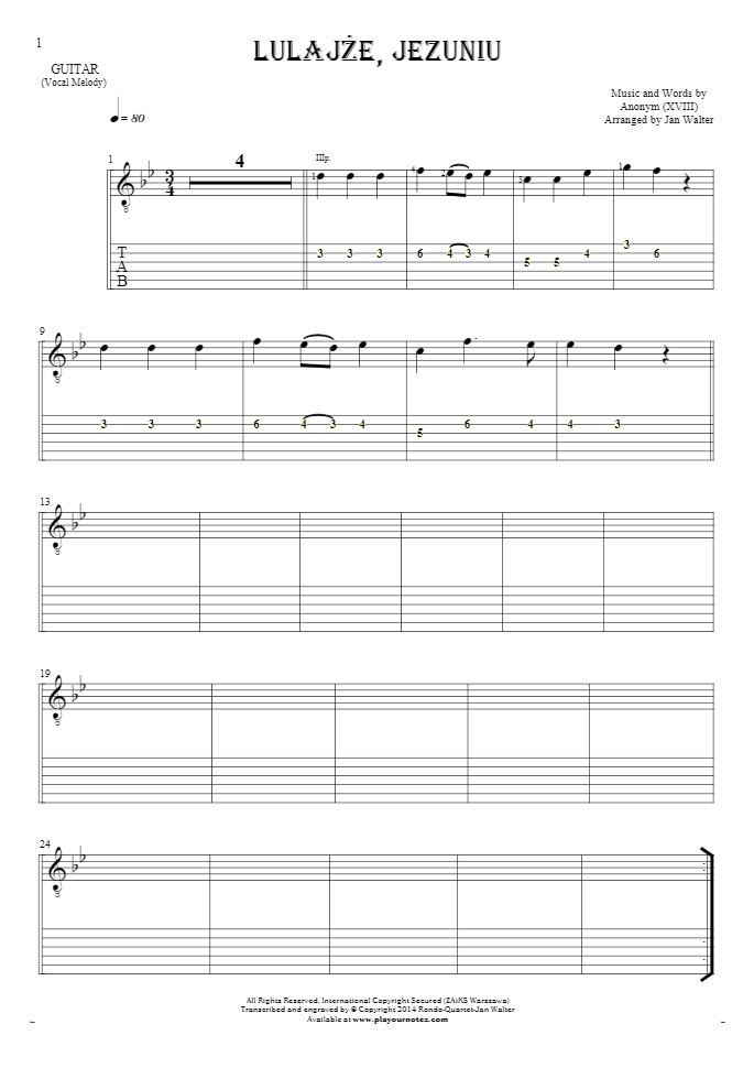 Lulajże, Jezuniu - Notes and tablature for guitar - melody line