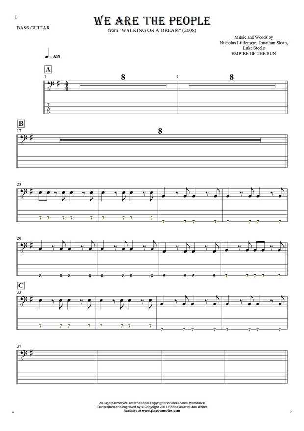 We Are the People - Notes and tablature for bass guitar