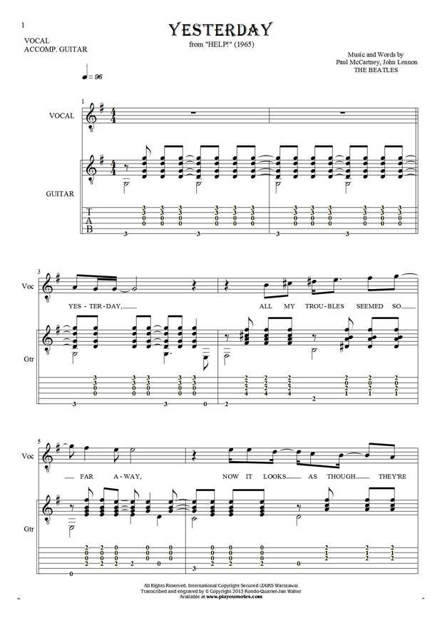 Yesterday - Noten, Tabulatur und Liedtekst für Gitarre und Gesang in original Tonart