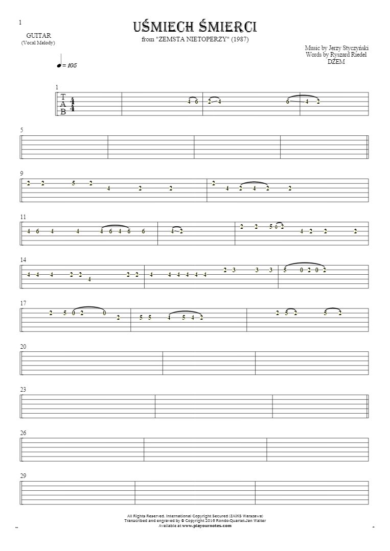Smile of Death - Tablature for guitar - melody line