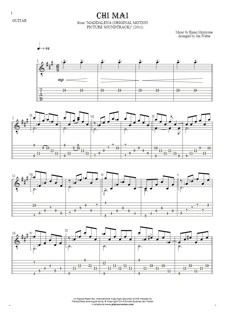 Chi Mai - Notes and tablature for guitar solo (fingerstyle)