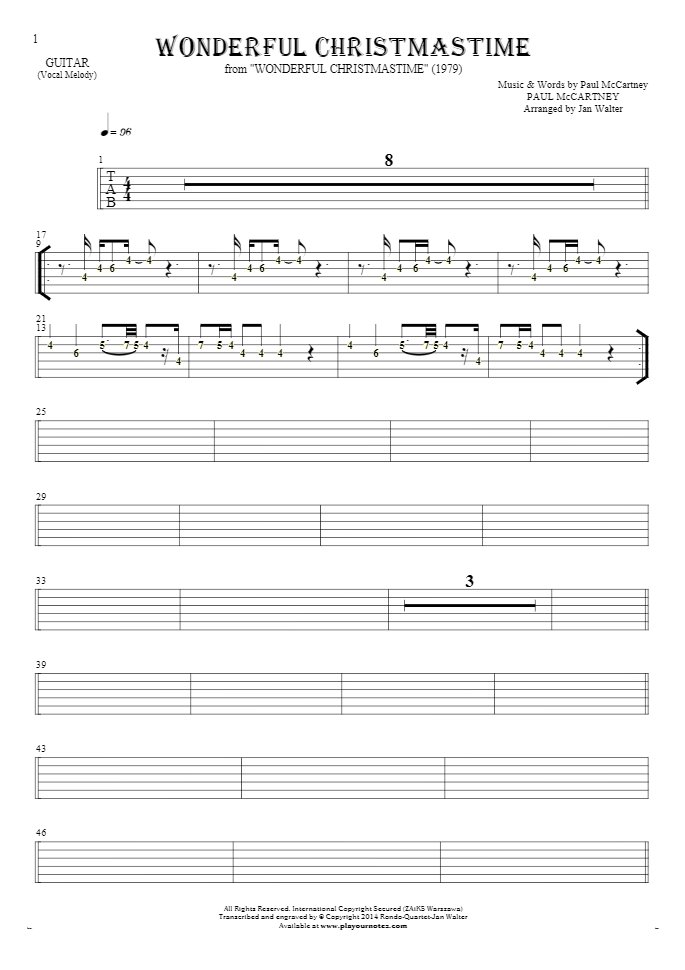 Wonderful Christmastime - Tablature (rhythm. values) for guitar