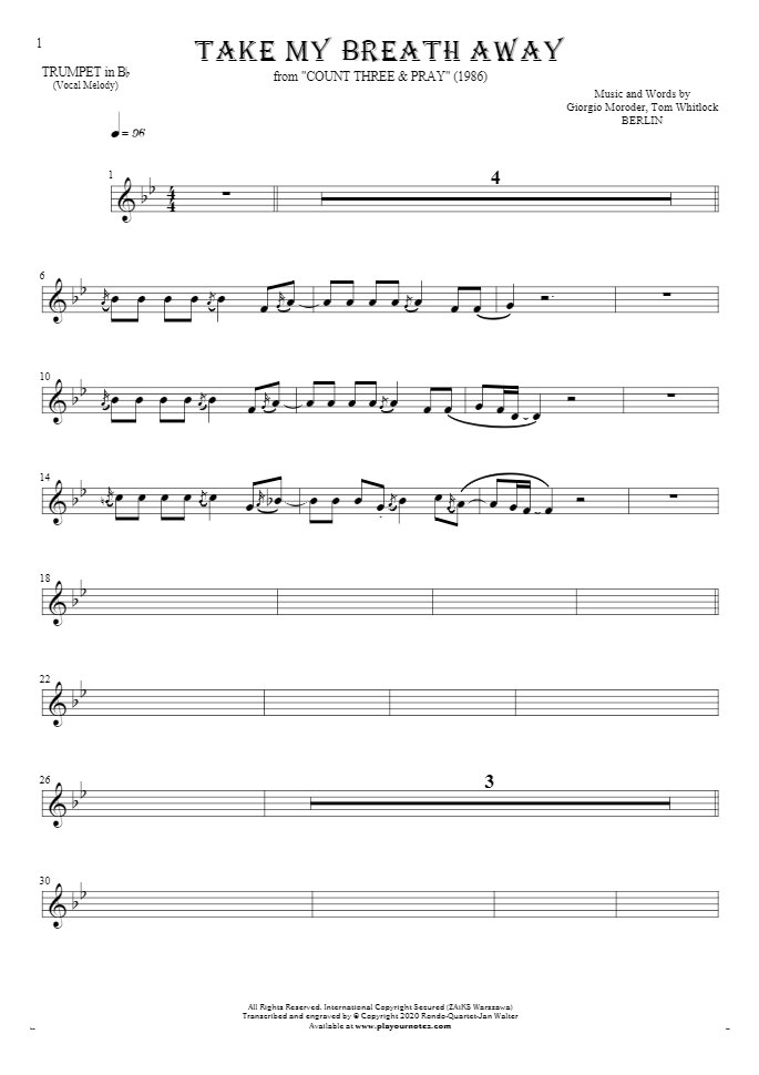 Take My Breath Away - Notes for trumpet - melody line