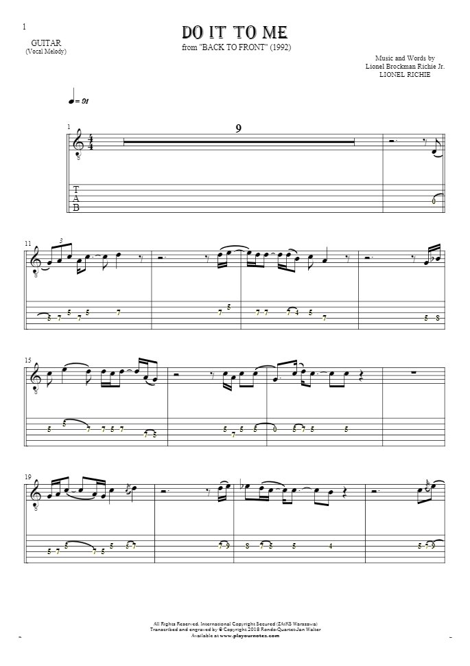 Do It To Me - Notes and tablature for guitar - melody line