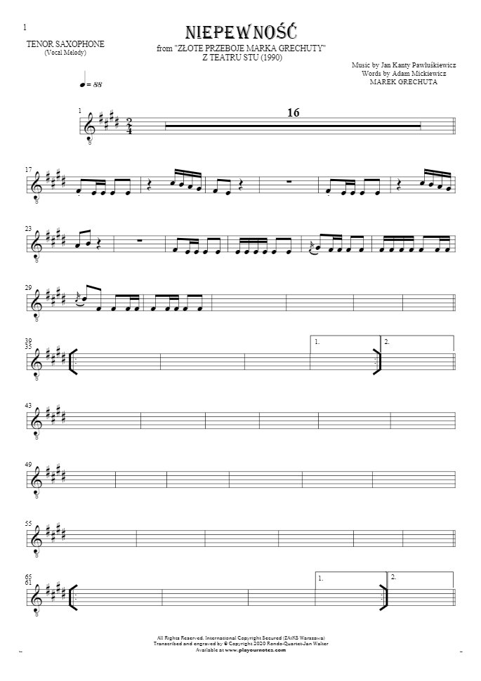 Unsicherheit - Noten für Tenor Saxophon - Melodielinie