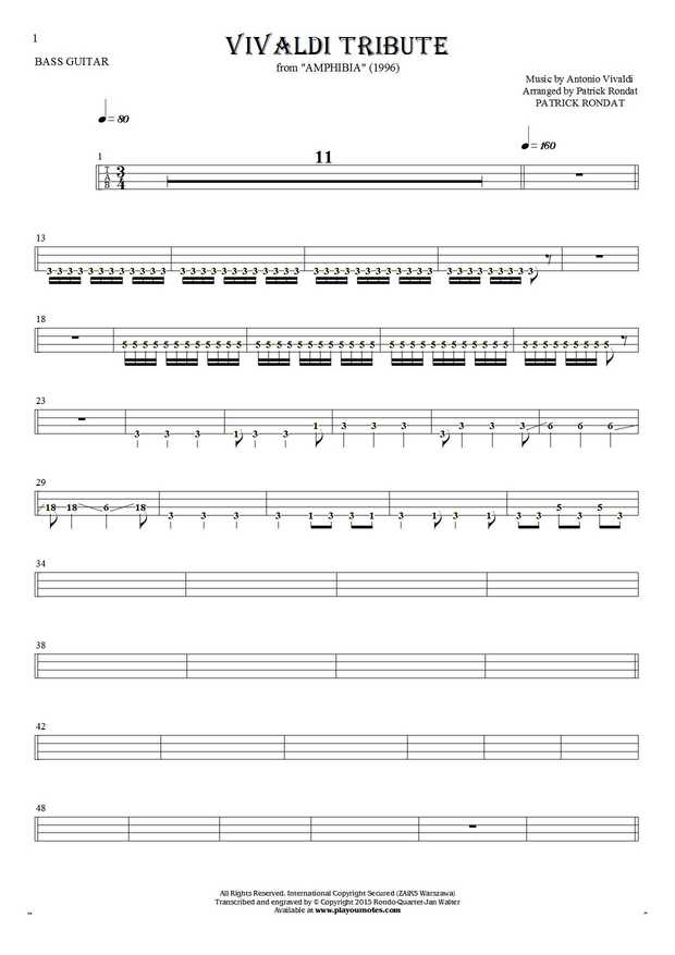 Vivaldi Tribute - Tablature (rhythm values) for bass guitar