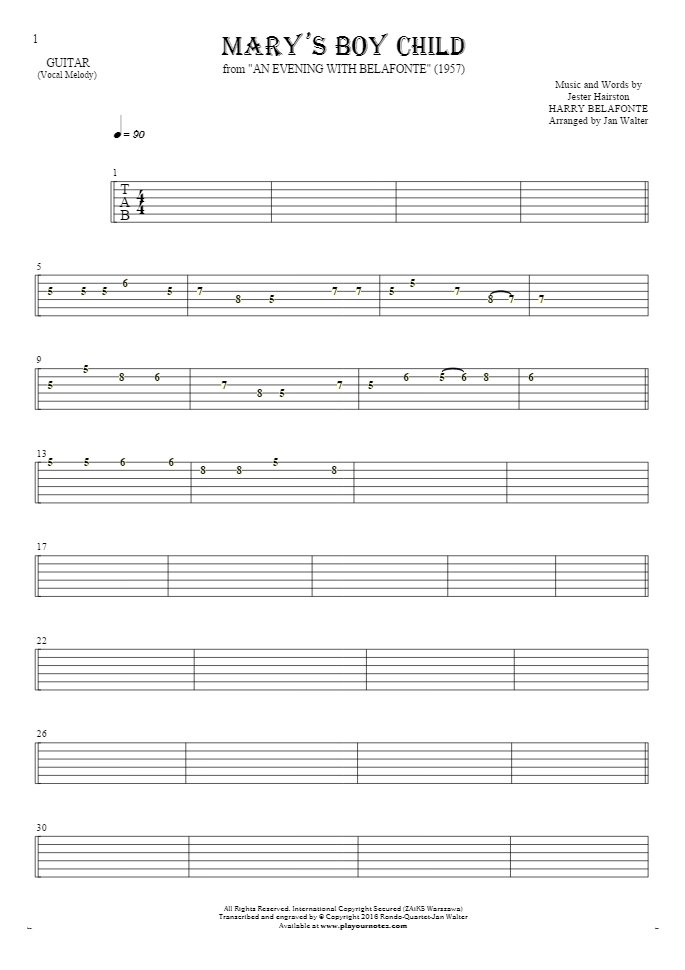 Mary's Boy Child - Tablature for guitar - melody line