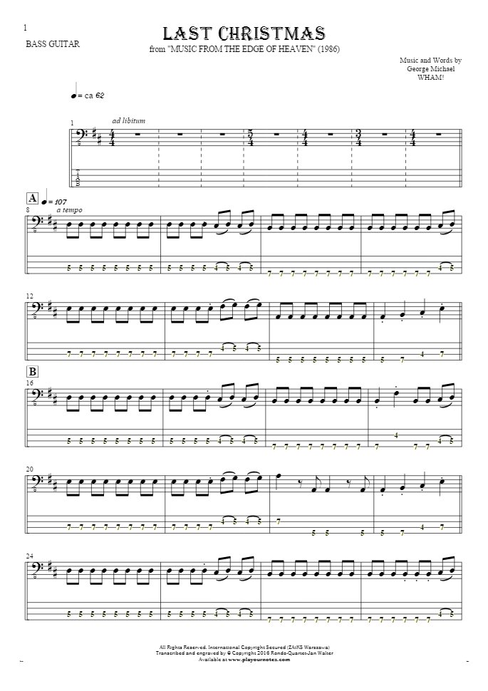 Last Christmas Notes And Tablature For Bass Guitar Playyournotes