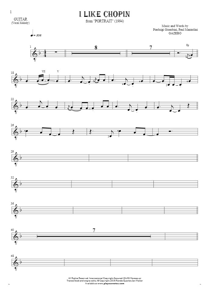 I Like Chopin - Notes for guitar - melody line