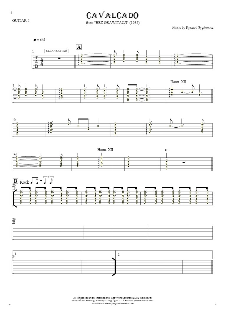 Cavalcado - Tablature (rhythm values) for guitar - guitar 5 part
